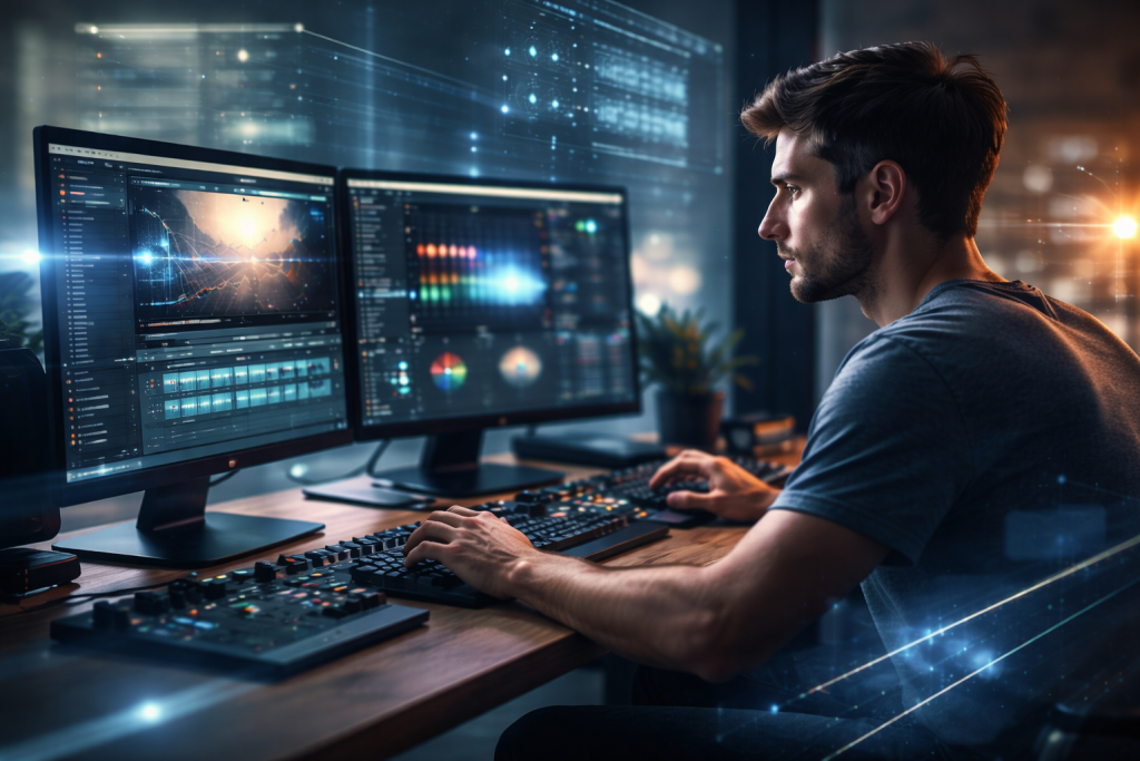 Creative video producer working with AI automation tools and digital workflows to support modern marketing systems